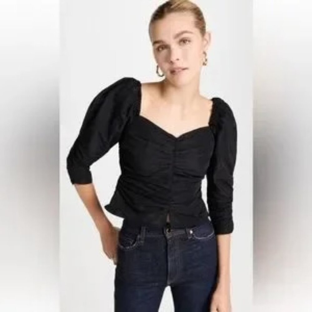 Something Navy Black Ruched Puff Shoulder Blouse